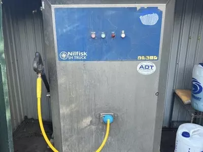 Nilfisk SH Truck static hot pressure washer after high pressure hose replacement repair in Loughborough.